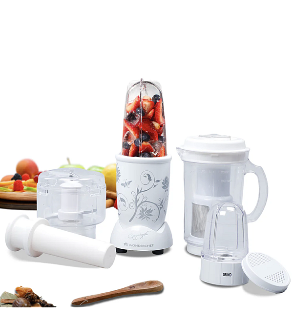 Nutri-blend Juicer, Mixer, Grinder, Smoothie Maker & Chopper | Complete Kitchen Machine | 22000 RPM Blender, Chopper, Juicer | 400W 100% Full Copper Motor | SS Blades | 4 Unbreakable Jars | 2 Years Warranty | Recipe Book By Chef Sanjeev Kapoor | White